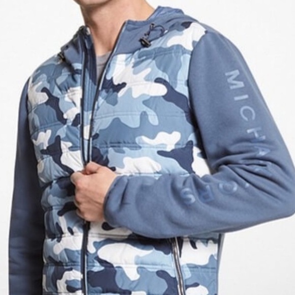 NEW MICHAEL KORS MENS Camo Quilted Nylon Hooded puffer Jacket XL vest blue NWT - Picture 4 of 17